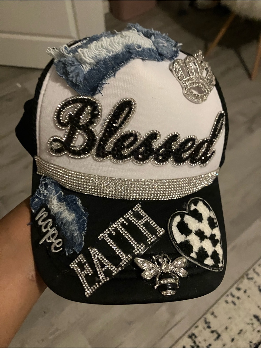 Embellished 'Blessed' Rhinestone Baseball Cap - Black & White
